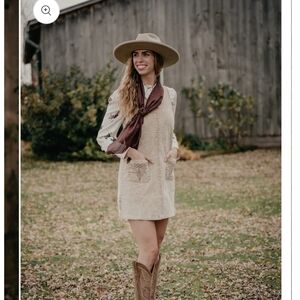 Tan Corduroy Dress with Embroidered Pockets